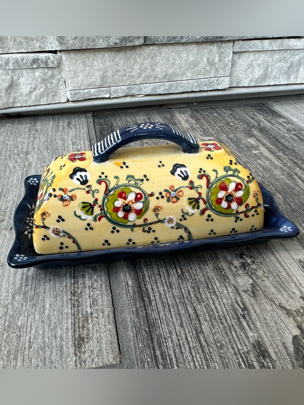 Anthropologie  LYNA Floral Hand Painted Blue & Yellow Covered Butter Dish French
